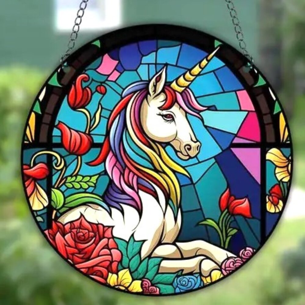 Unicorn Suncatcher Fantasy Rainbow Flowers Horse Window Magical In/Oudoor NEW